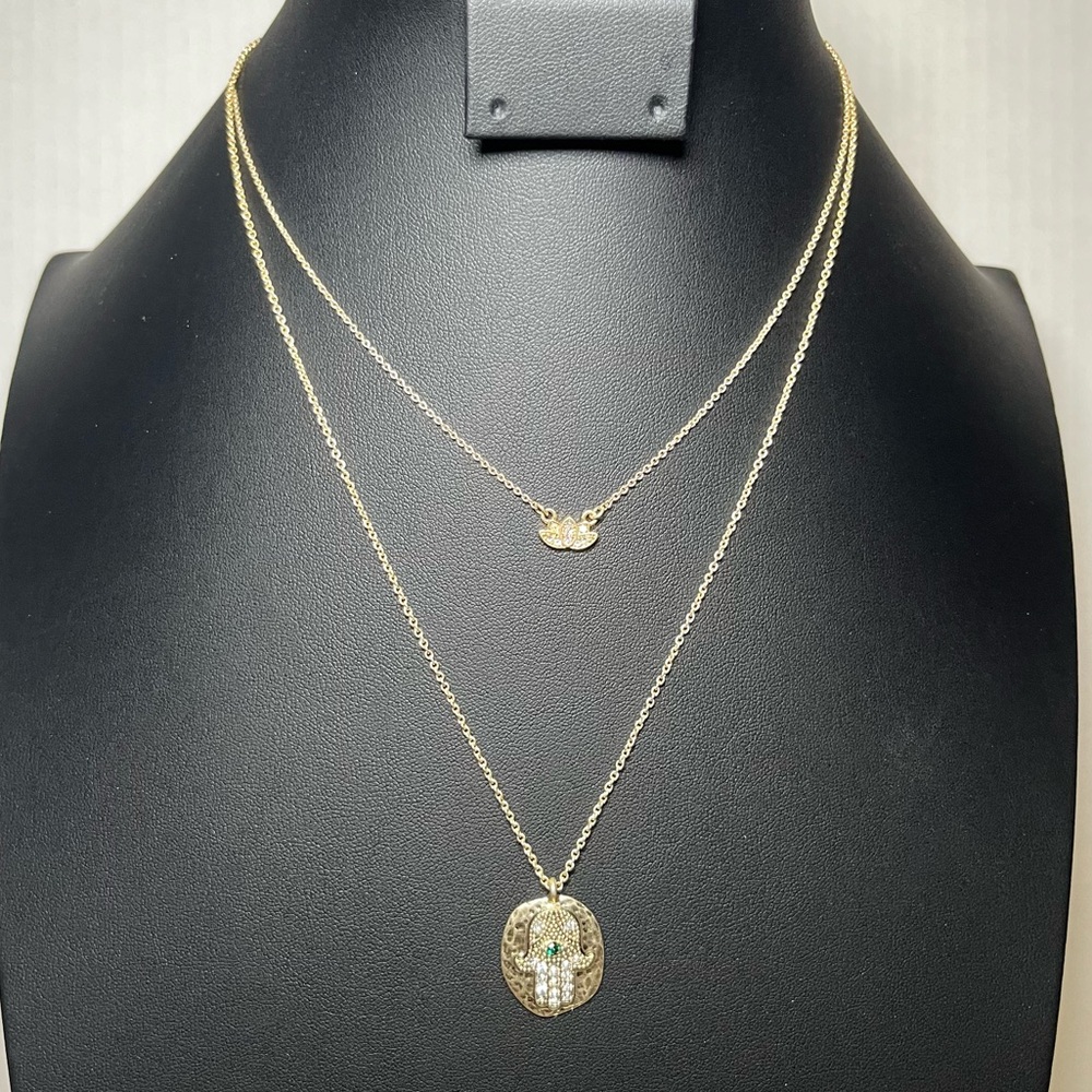 NWT Rachel By Rachel Roy Gold Tone Layered Necklace Lotus Hamsa Hand Pendants